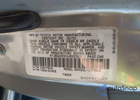 2001 Toyota Camry Le из США, поврежденный, VIN 4T1BG22K61U822323